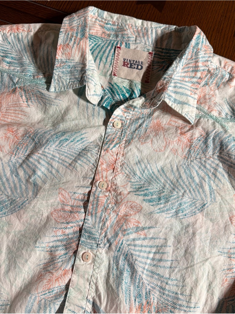 Vintage Red Palm-Print Button-Down Shirt in Teal, Coral & White